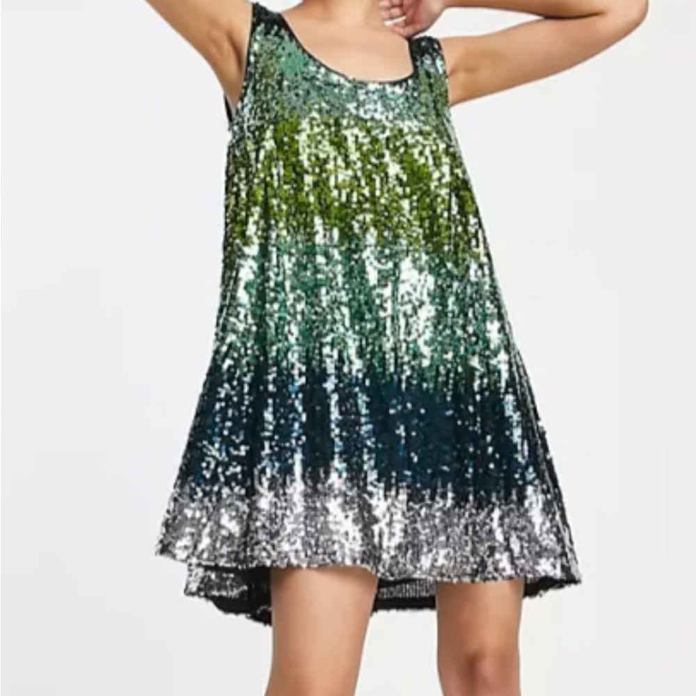 NWT FRENCH CONNECTION Estari Green Sequin Ombré Sleeveless Swing Dress 💚